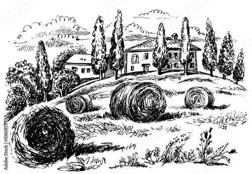 Tuscany landscape. Vector hand drawn illustration. 