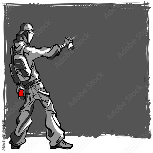 A young man paints graffiti with your text. Background on separate layer