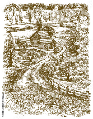 Village landscape. Vector hand drawn graphic ilustration.