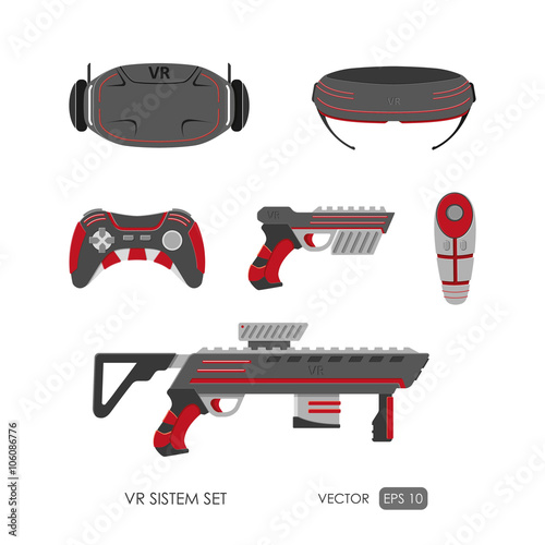 Set of accessories for virtual reality system on a white backgro