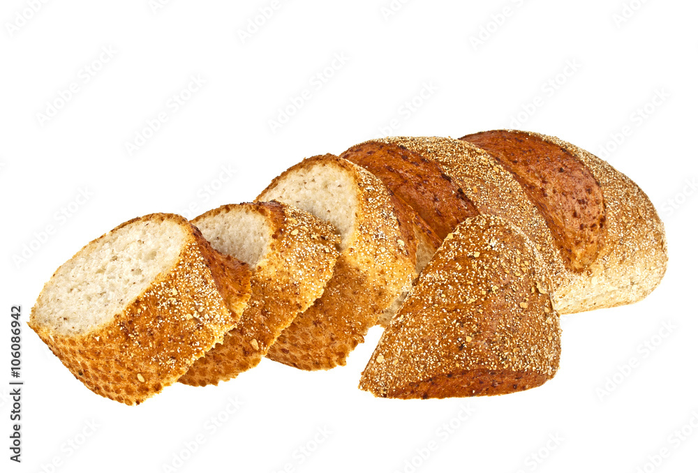 Buckwheat bread and slices on a white background Buckwheat bread and slices on a white background
