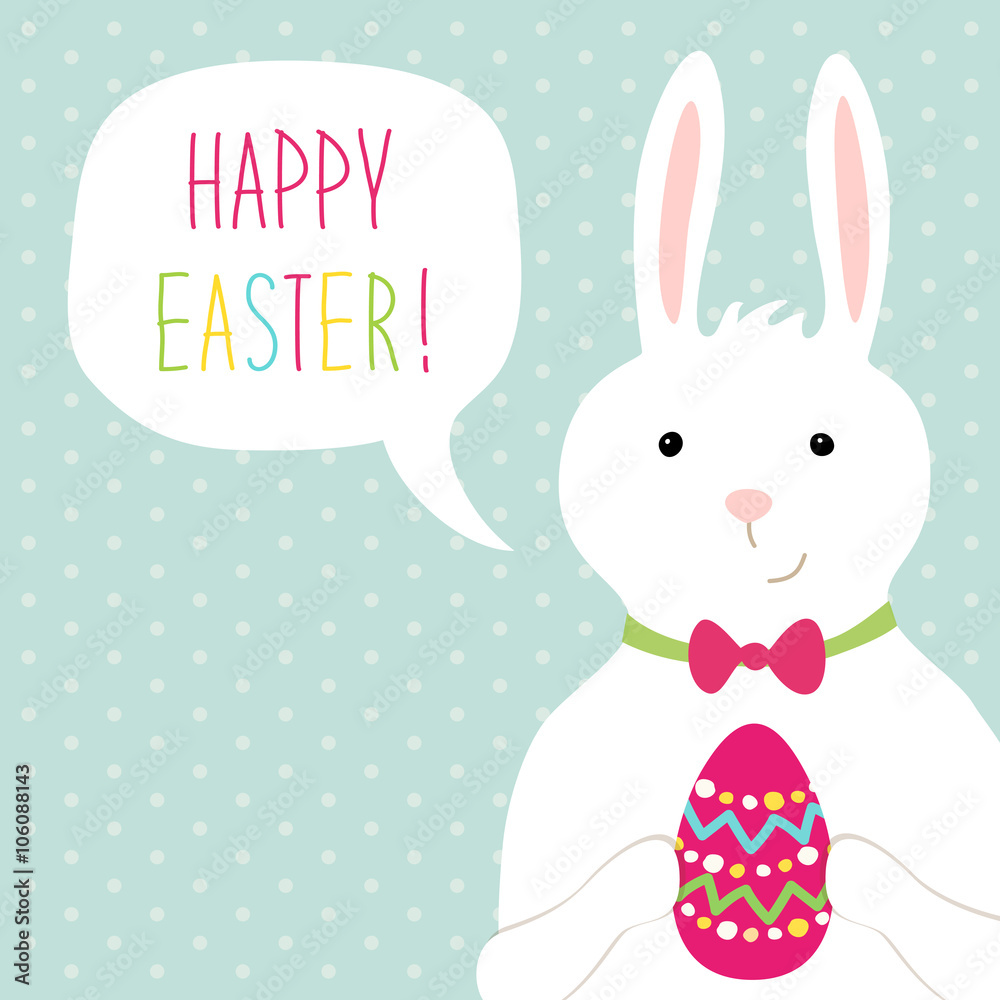 Cute hand drawn Easter card with bunny, egg and speech bubble with hand written text Cute hand drawn Easter card with bunny, egg and speech bubble with hand written text