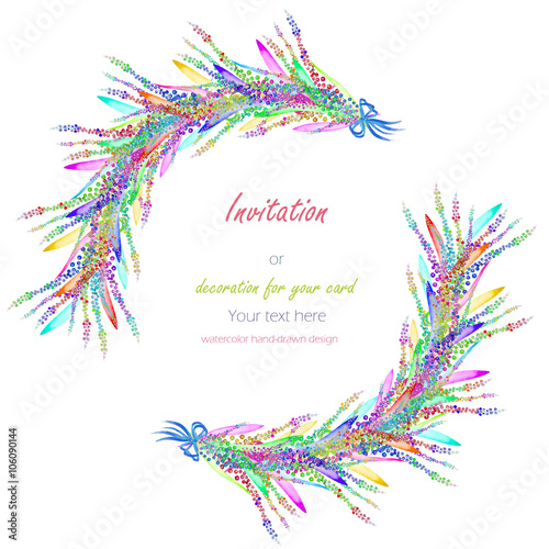 Circle frame, wreath with the floral design; watercolor abstract variegated mimosa flowers and leaves, hand-drawn in a watercolor; decoration for a wedding, greeting card on a white background