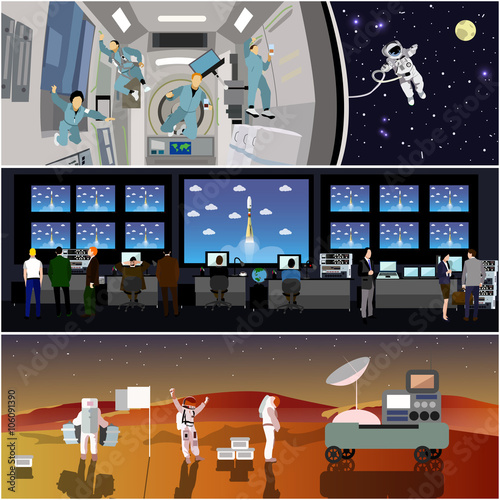 Space mission control center. Rocket launch vector illustration. Astronauts in space station and outer space.