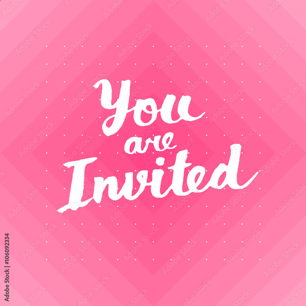 You are invited card with hand drawn lettering design with polka dots pattern on background.