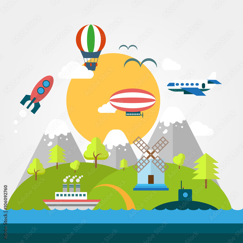 Naklejka premium Earth in motion mountains Sea stylish illustration