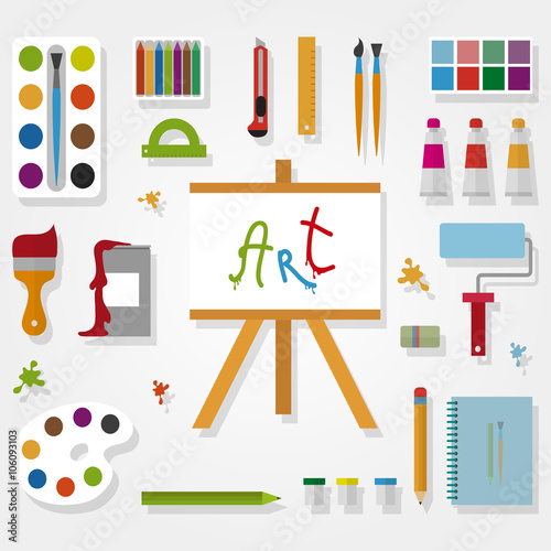 Art accessories in flat style on gray background