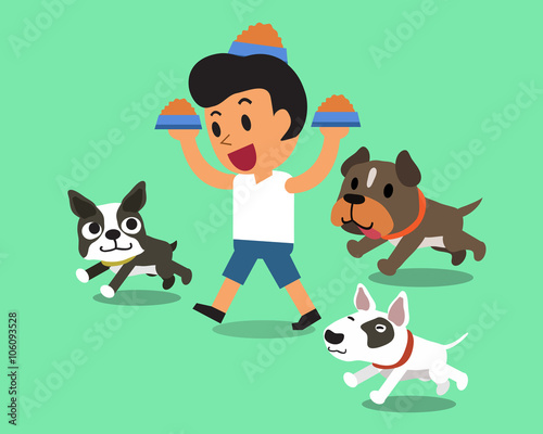 Cartoon man feeding dogs