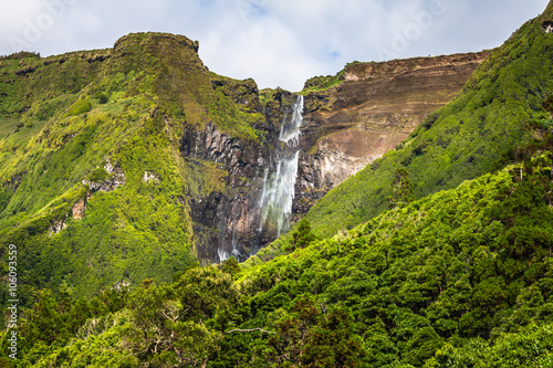 Azores landscape in Flores island. Waterfalls in Pozo da Alagoin