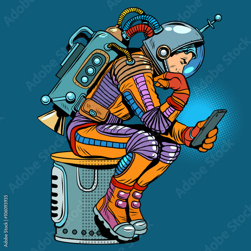 retro astronaut with a smartphone