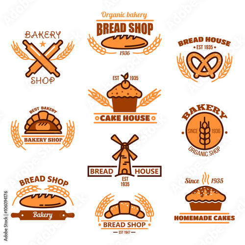 Fresh long loaves and cupcake, pie and croissant, pretzel, rolling pins and windmill icons decorated by wheat ears and stars. Bakery, homemade pastry shop, grocery, bread and sweet shop design