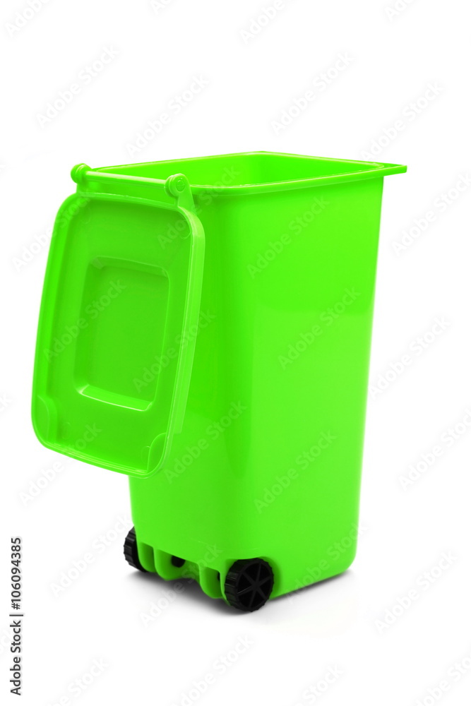 Green Plastic Waste Container Or Wheelie Bin, Isolated On White Green Plastic Waste Container Or Wheelie Bin, Isolated On White