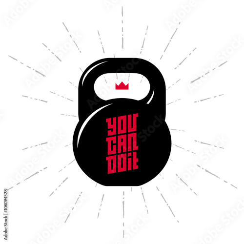 One black kettlebell on white background with motivation text -