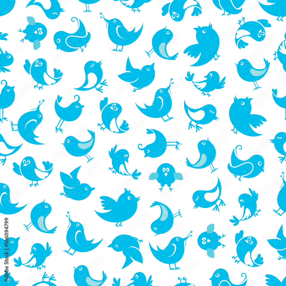 Funny little birds seamless pattern with silhouettes of cute sparrows with upturned tails on white background. Wallpaper or fabric print themes