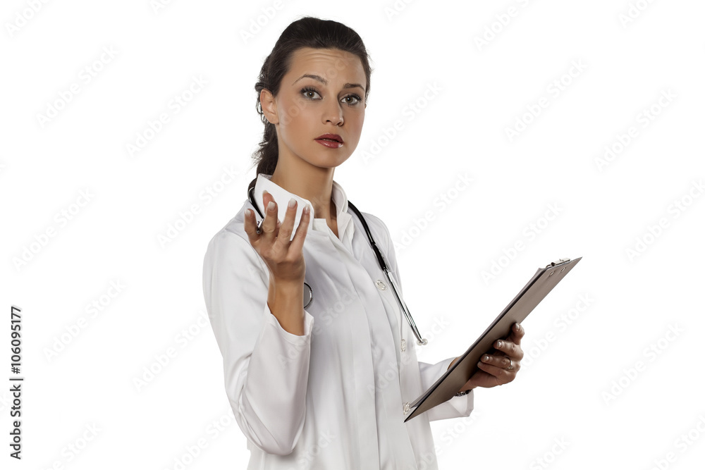 young woman doctor in uniform with clipboard on a white background young woman doctor in uniform with clipboard on a white background
