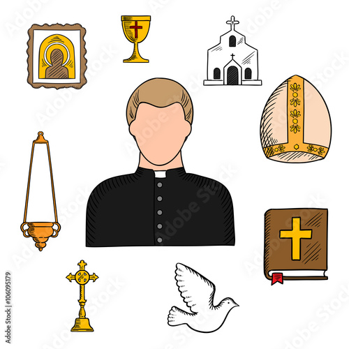 Priest in black robe and white collar with religious symbols such as church or temple building, the Bible and golden cross, bowl and candelabra on chain, ornate icon, white dove and mitre