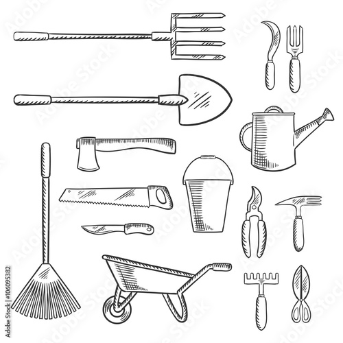 Gardening or agricultural tools with axe and saw, shovel and bucket, pitchfork and rake, wheelbarrow and watering can, knife and  cultivator, scissors, shears and sickle. Agriculture, gardening themes
