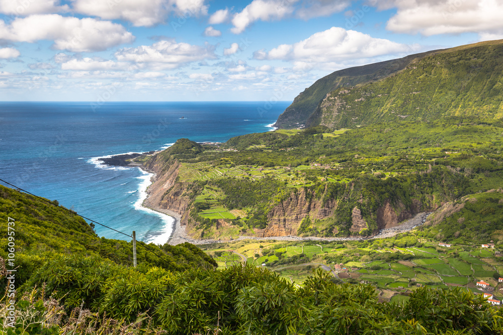 Azores coastline landscape in Faja Grande, Flores island. Portug
