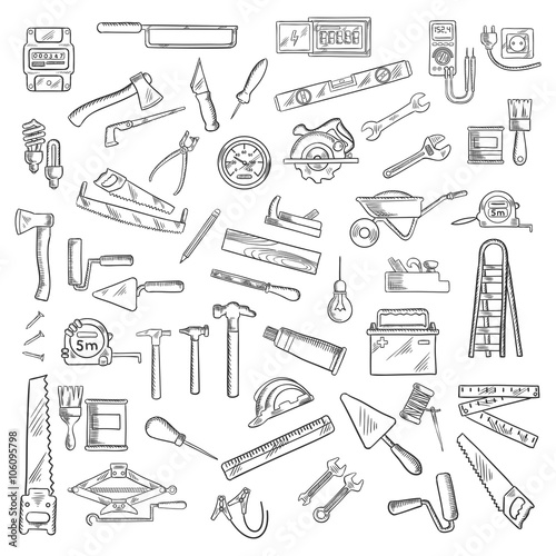 Tools icons with wrench and hammer, axe and saw, brushes and rollers, ruler and light bulbs, wheelbarrow and jack plane, trowel and rasp, knives and awls, nails and battery, ladder and tape measures