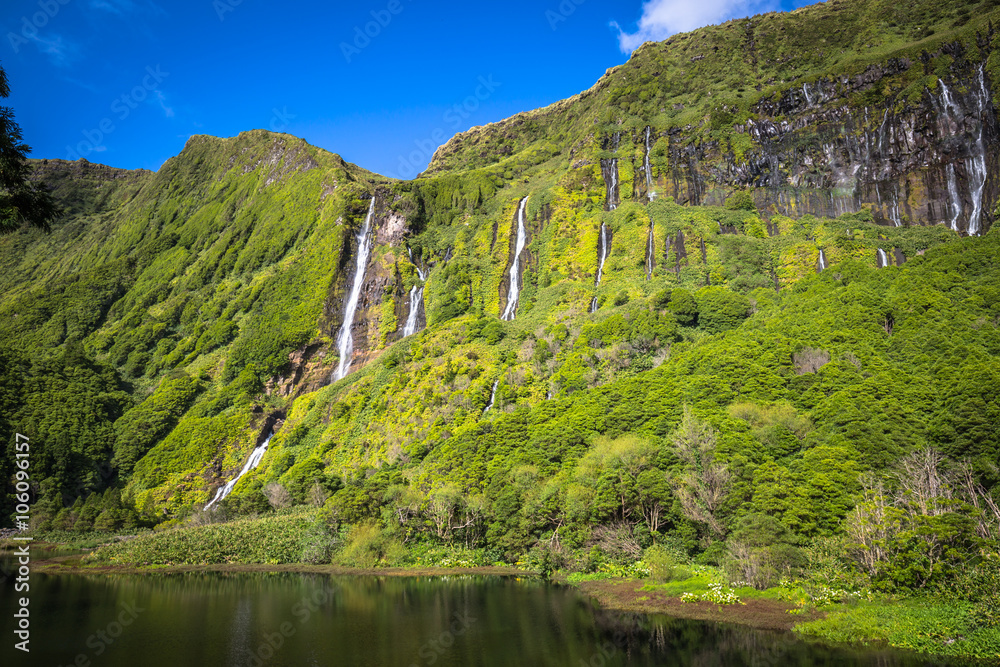 Fototapeta premium Azores landscape in Flores island. Waterfalls in Pozo da Alagoin