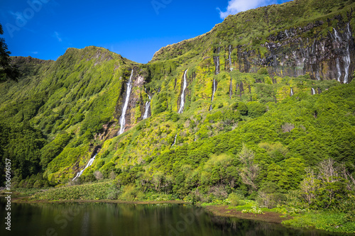 Azores landscape in Flores island. Waterfalls in Pozo da Alagoin