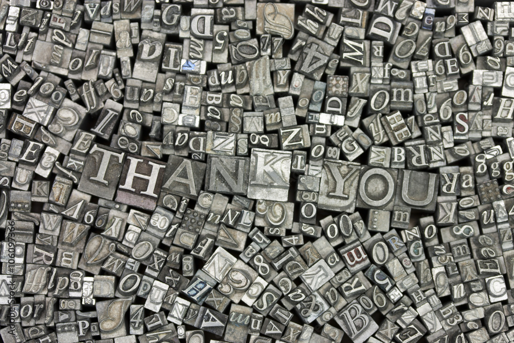 Close up of typeset letters with the words Thank You