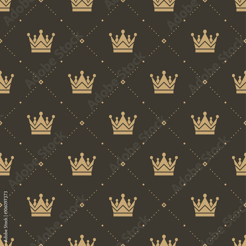 Seamless pattern in retro style with a gold crown on a brown background. Can be used for wallpaper, pattern fills, web page background,surface textures. Vector Illustration.