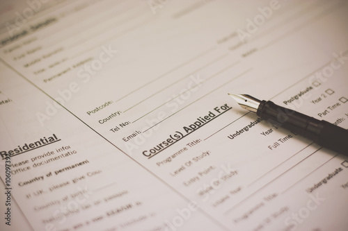 Close up of a university application form