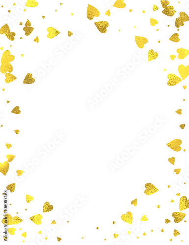 Gold glittering foil hearts vertical frame on white background, vector isolated design elements