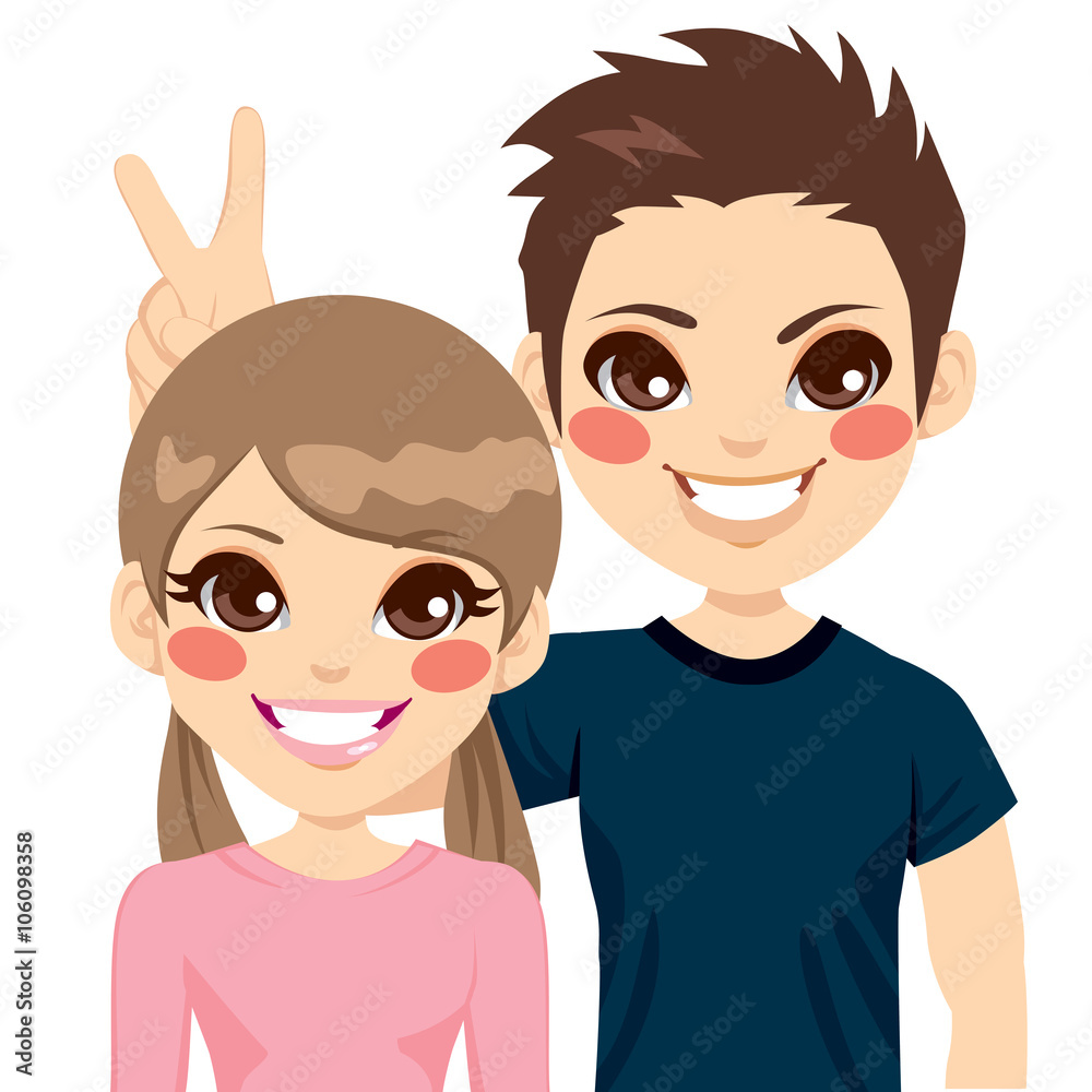 Two teenager siblings posing on a funny portrait Two teenager siblings posing on a funny portrait