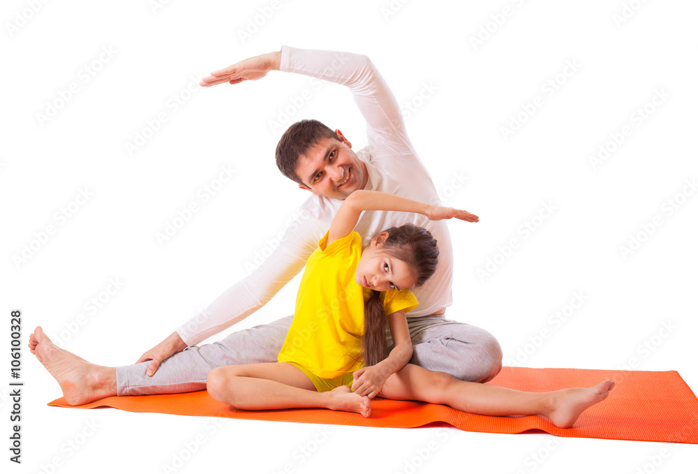 dad practicing yoga with daughter isolated
