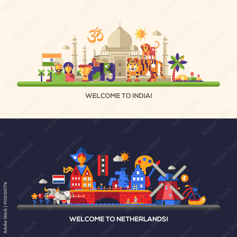 Flat design Holland, India travel banners set