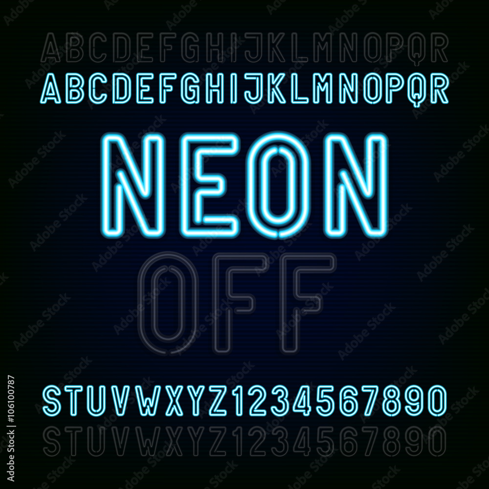 Blue Neon Light Alphabet Font. Two different styles. Lights on or off. Type letters and numbers on a dark background. Vector typeface for animation, labels, titles, posters etc.