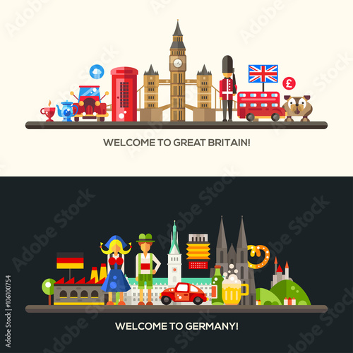 Germany, Great Britain travel banners set with famous French symbols 