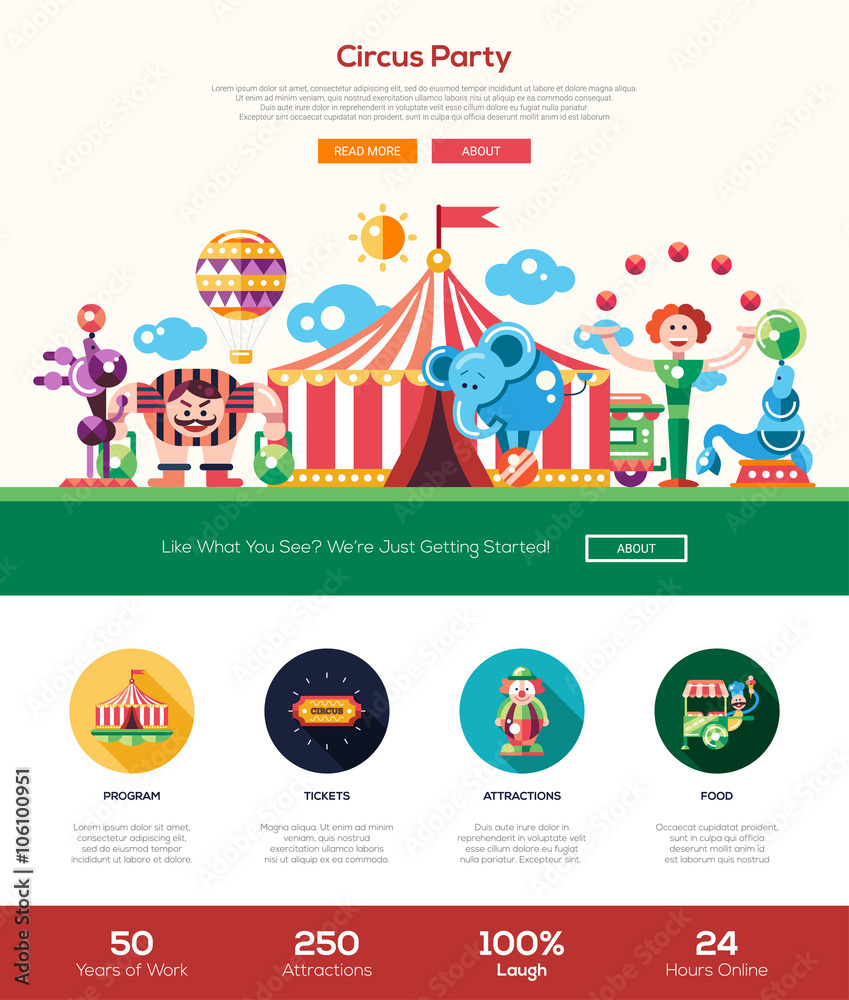 Circus, carnival party website header banner with webdesign elements