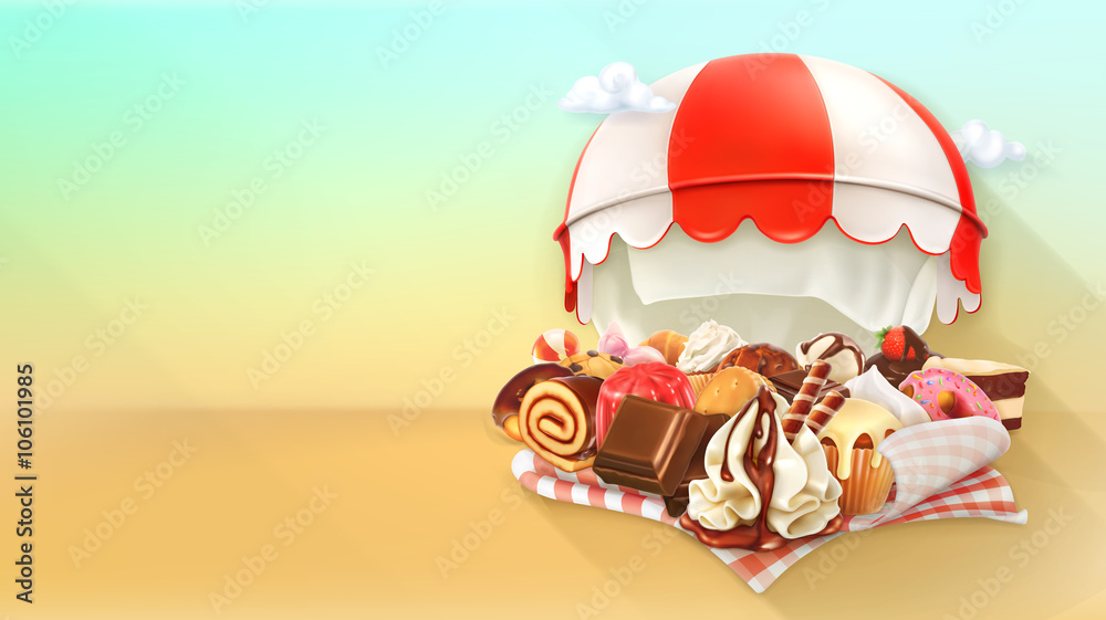 Coffee and pastry shop, confectionery vector background Stock Vector