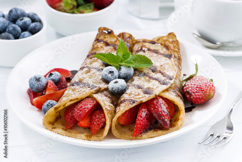 crepes with fresh berries and chocolate sauce for breakfast