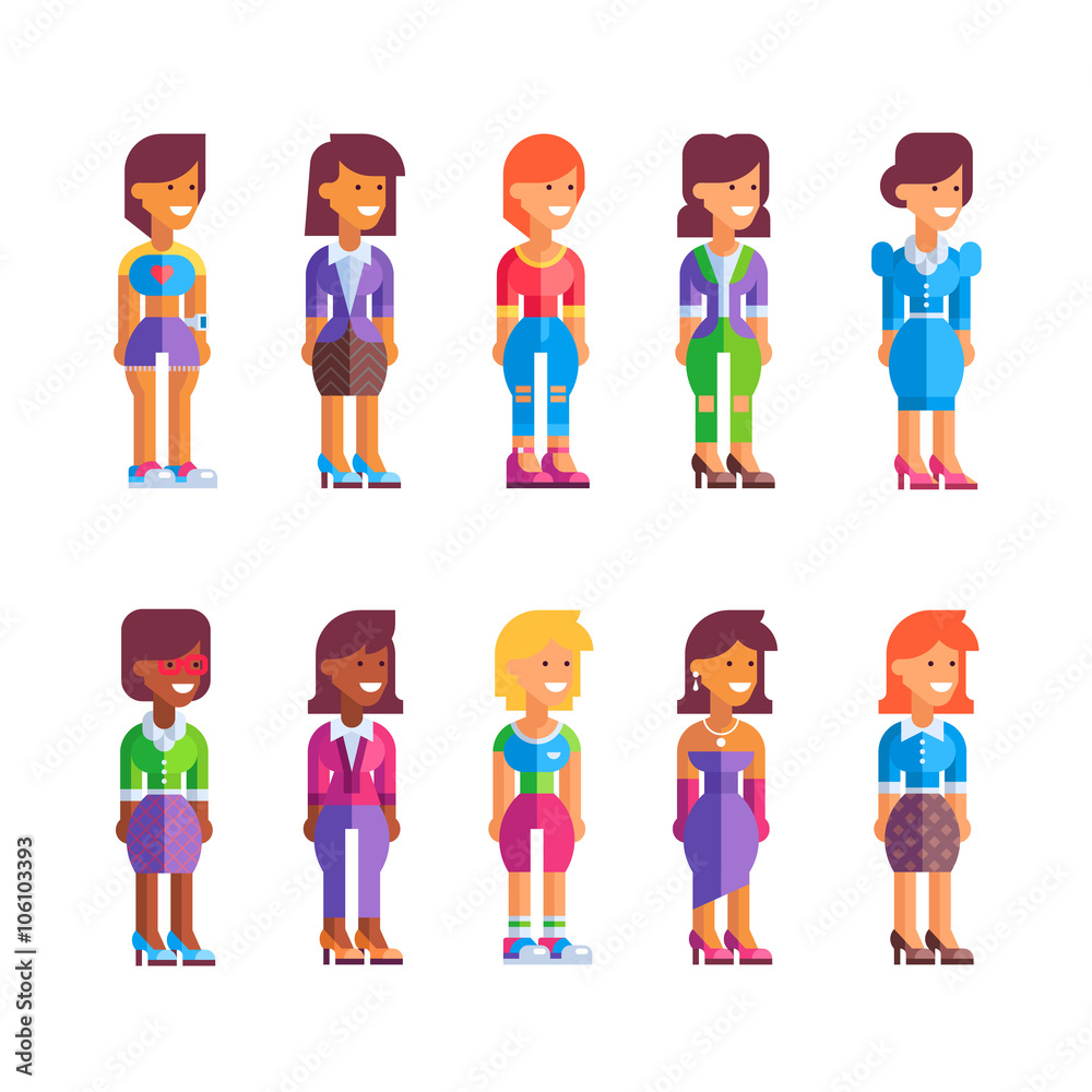 Set of different female characters in flat design. Stock vector illustration. See also male set.
