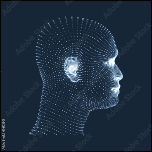 Head of the Person from a 3d Grid. Human Head Model. Face Scanning. View of Human Head. 3D Geometric Face Design. 3d Covering Skin. Geometry Man Portrait. Can be used for avatar, science, technology