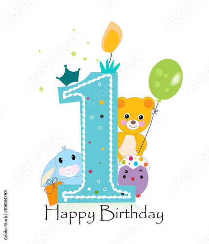 Happy first birthday candle. Baby boy greeting card with bunny, chick and teddy bear vector