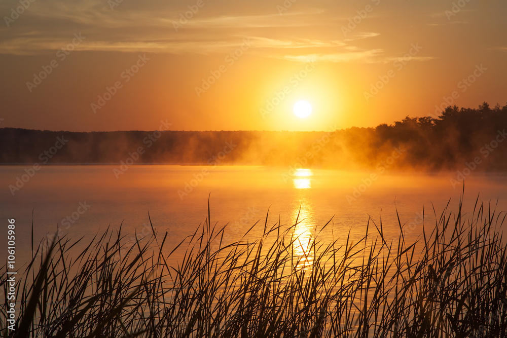 Sunrise on the lake. Early morning landscape. mist on the water, forest silhouettes and the rays of the rising sun.