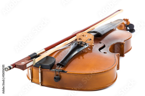 Violin and bow on a white background.