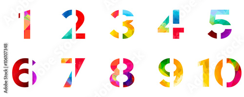 Abstract bright rainbow polygon number alphabet colorful font style. one two three four five six seven eight nine ten zero digits. vector illustration. 3d geometric numeral set design isolated