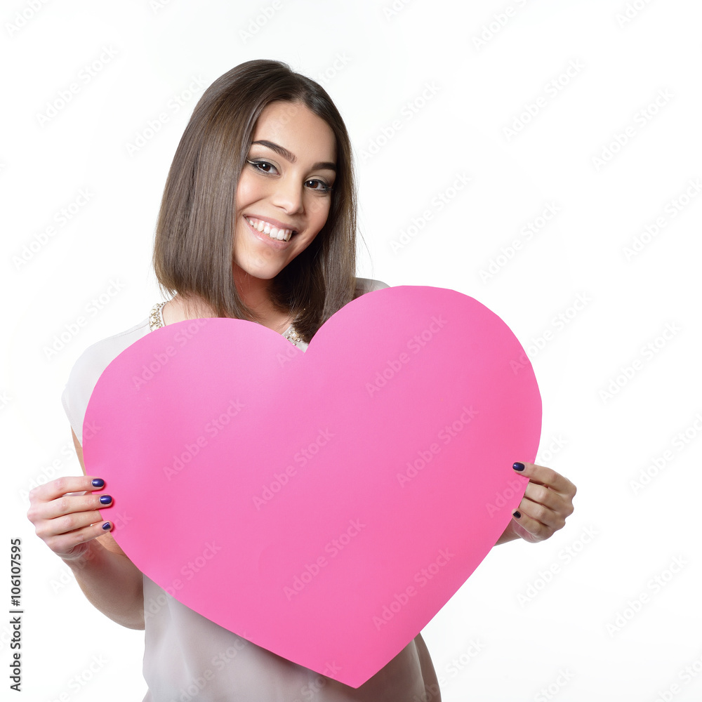 portrait of attractive happy smiling teen girl with pink heart, portrait of attractive happy smiling teen girl with pink heart,