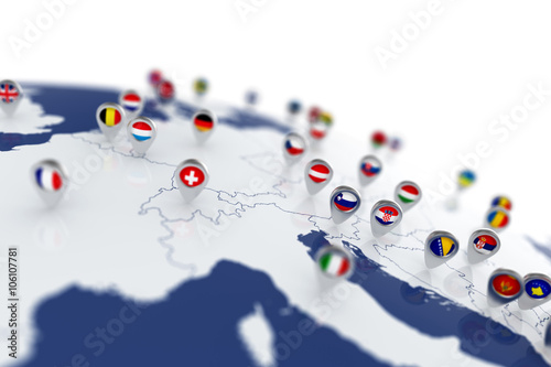 Europe map with countries flags location pins