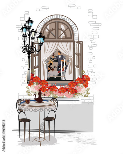 Series of backgrounds decorated with old town views and street cafes. Hand drawn Vector Illustration. 