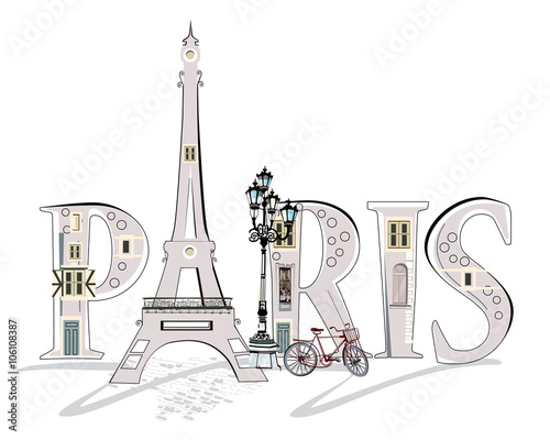 Paris lettering decorated with windows, doors, lanterns.
