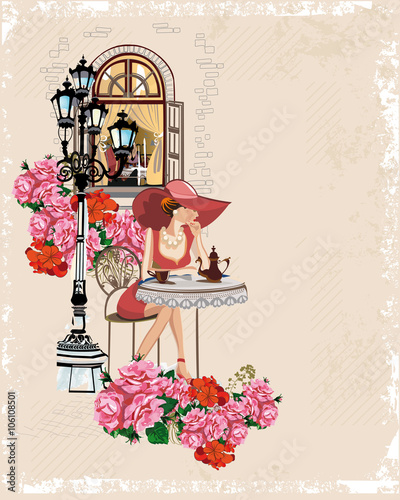 Fashion girl at the cafe table. Series of sketches of beautiful old city views with cafes and flowers.