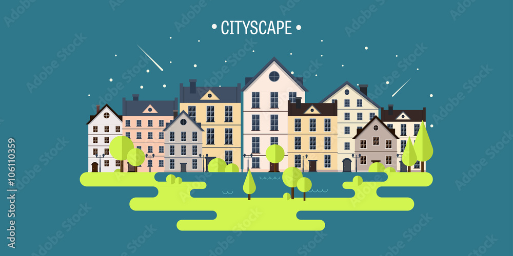 Vector illustration. Spring, summer.a City silhouettes. Cityscape. Town skyline. Panorama. Midtown houses. Summer.