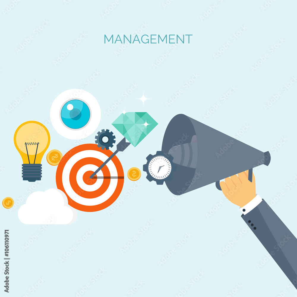 Vector illustration. Loudspeaker. Flat header. Target, bulb. Management, achievements. Smart solutions, business aims. Generating ideas. Business planning, strategy